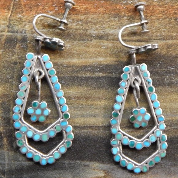 Vintage Jewelry - Vntg Zuni  Dishta Turquoise Inlay Silver Earrings